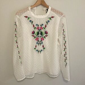 Gorgeous YAS White Embroidered Sheer Lined Blouse, Size Large, Colorful Flowers